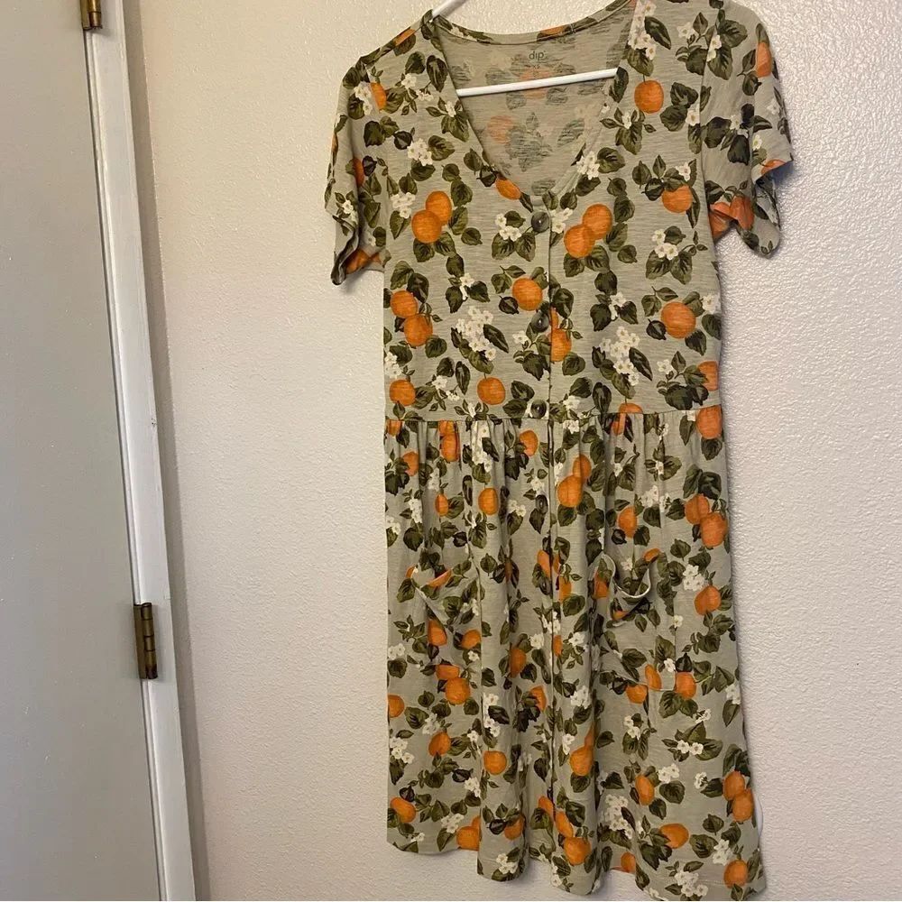 Dip Organic Cotton Green Orange Blossom Dress Cottagecore Boho button front XS